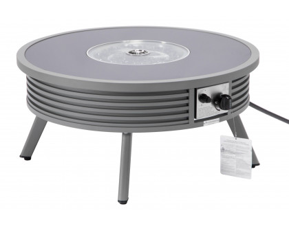 LeisureMod Walbrooke Modern Outdoor Round Fire Pit Table with Powder-Coated Aluminum Frame and Slats Design - Gray