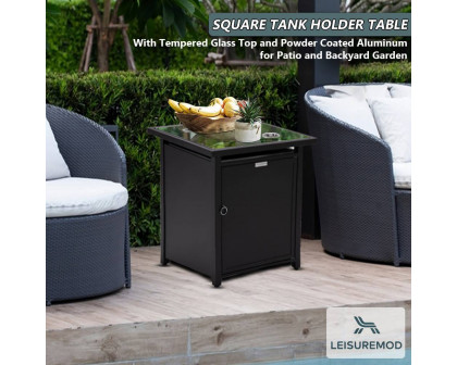 LeisureMod Walbrooke Modern Square Tank Holder Table with Tempered Glass Top and Powder Coated Aluminum - Black