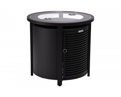 LeisureMod Walbrooke Modern Round Tank Holder Table with Tempered Glass Top and Powder Coated Aluminum Slats Design