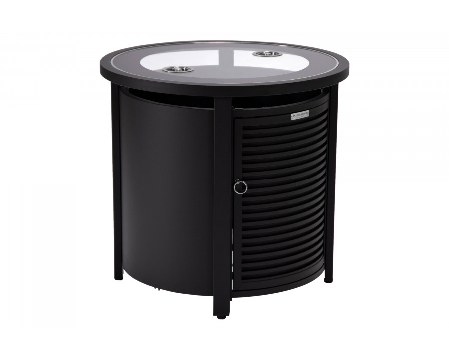 LeisureMod Walbrooke Modern Round Tank Holder Table with Tempered Glass Top and Powder Coated Aluminum Slats Design - Black