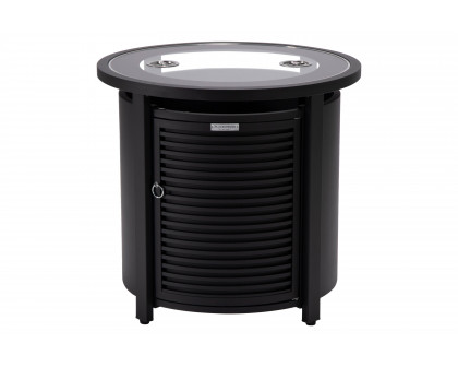 LeisureMod Walbrooke Modern Round Tank Holder Table with Tempered Glass Top and Powder Coated Aluminum Slats Design - Black