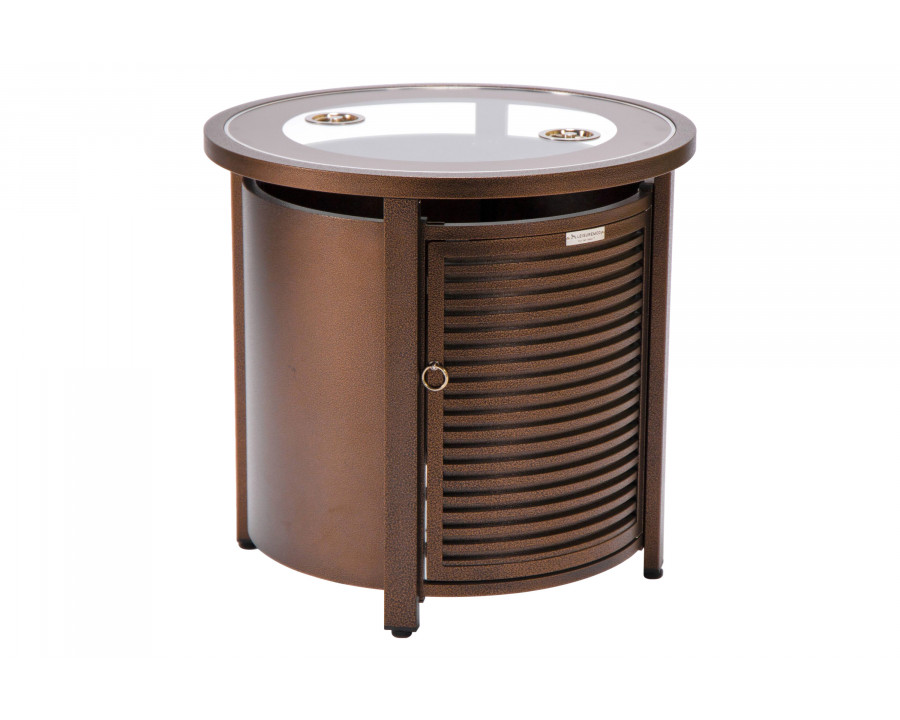 LeisureMod Walbrooke Modern Round Tank Holder Table with Tempered Glass Top and Powder Coated Aluminum Slats Design - Brown