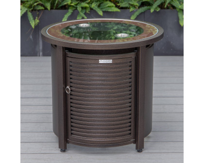 LeisureMod Walbrooke Modern Round Tank Holder Table with Tempered Glass Top and Powder Coated Aluminum Slats Design - Brown