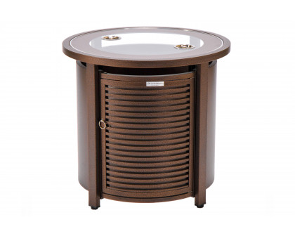 LeisureMod Walbrooke Modern Round Tank Holder Table with Tempered Glass Top and Powder Coated Aluminum Slats Design - Brown