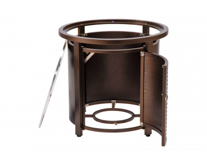 LeisureMod Walbrooke Modern Round Tank Holder Table with Tempered Glass Top and Powder Coated Aluminum Slats Design - Brown