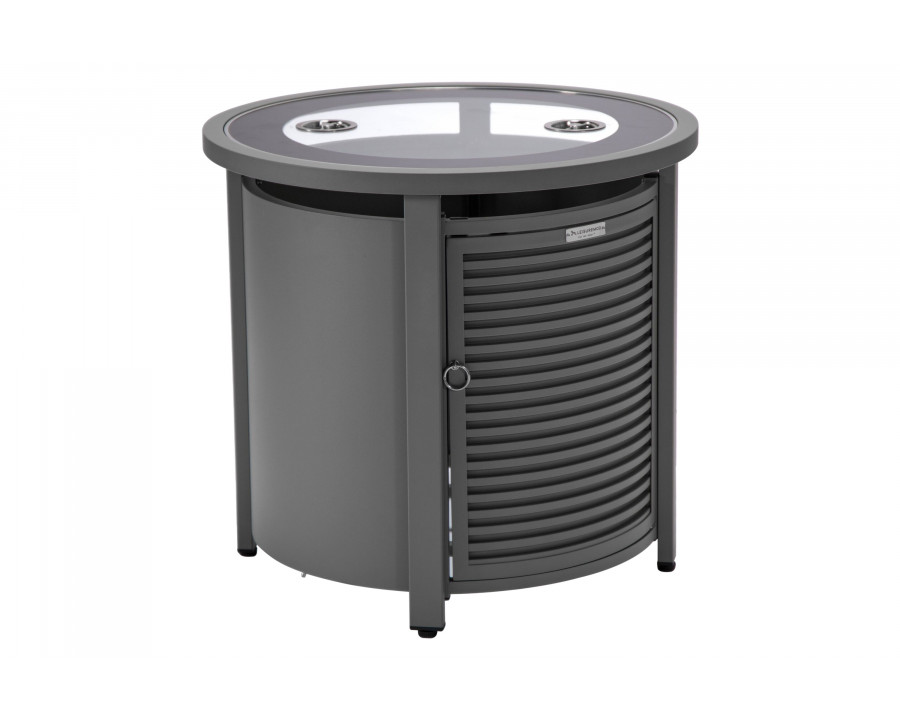 LeisureMod Walbrooke Modern Round Tank Holder Table with Tempered Glass Top and Powder Coated Aluminum Slats Design