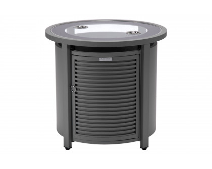 LeisureMod Walbrooke Modern Round Tank Holder Table with Tempered Glass Top and Powder Coated Aluminum Slats Design - Gray