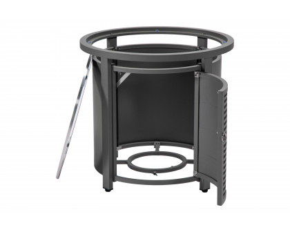 LeisureMod Walbrooke Modern Round Tank Holder Table with Tempered Glass Top and Powder Coated Aluminum Slats Design - Gray