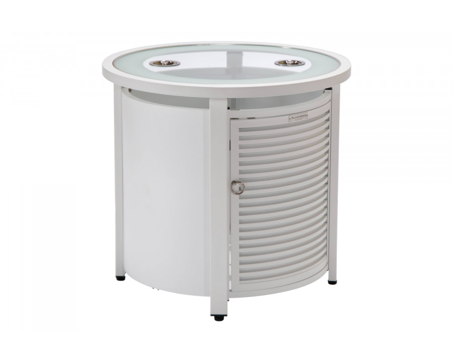 LeisureMod Walbrooke Modern Round Tank Holder Table with Tempered Glass Top and Powder Coated Aluminum Slats Design - White