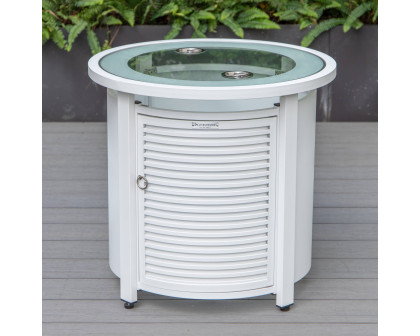 LeisureMod Walbrooke Modern Round Tank Holder Table with Tempered Glass Top and Powder Coated Aluminum Slats Design - White