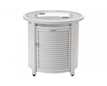 LeisureMod Walbrooke Modern Round Tank Holder Table with Tempered Glass Top and Powder Coated Aluminum Slats Design - White