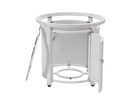 LeisureMod Walbrooke Modern Round Tank Holder Table with Tempered Glass Top and Powder Coated Aluminum Slats Design - White