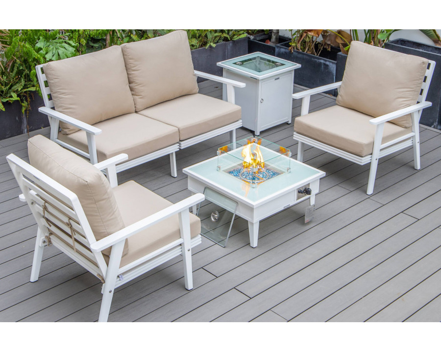 LeisureMod Walbrooke Modern White Patio Conversation With Square Fire Pit & Tank Holder - Beige