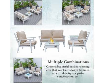 LeisureMod Walbrooke Modern White Patio Conversation With Square Fire Pit & Tank Holder - Beige