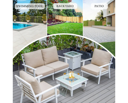 LeisureMod Walbrooke Modern White Patio Conversation With Square Fire Pit & Tank Holder - Beige