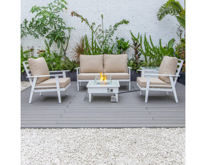 LeisureMod Walbrooke Modern White Patio Conversation With Square Fire Pit & Tank Holder - Beige