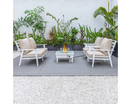 LeisureMod Walbrooke Modern White Patio Conversation With Square Fire Pit & Tank Holder - Beige