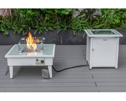 LeisureMod Walbrooke Modern White Patio Conversation With Square Fire Pit & Tank Holder - Beige