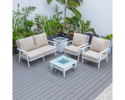 LeisureMod Walbrooke Modern White Patio Conversation With Square Fire Pit & Tank Holder - Beige