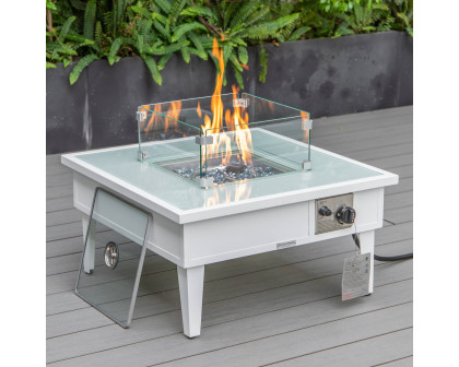 LeisureMod Walbrooke Modern White Patio Conversation With Square Fire Pit & Tank Holder - Beige