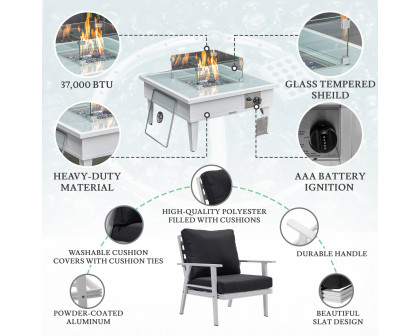 LeisureMod Walbrooke Modern White Patio Conversation With Square Fire Pit & Tank Holder - Charcoal