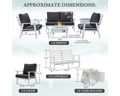 LeisureMod Walbrooke Modern White Patio Conversation With Square Fire Pit & Tank Holder - Charcoal