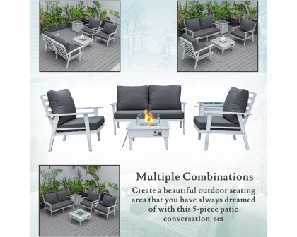 LeisureMod Walbrooke Modern White Patio Conversation With Square Fire Pit & Tank Holder - Charcoal