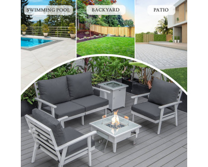 LeisureMod Walbrooke Modern White Patio Conversation With Square Fire Pit & Tank Holder - Charcoal