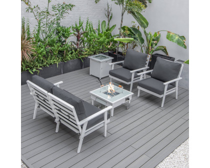 LeisureMod Walbrooke Modern White Patio Conversation With Square Fire Pit & Tank Holder - Charcoal