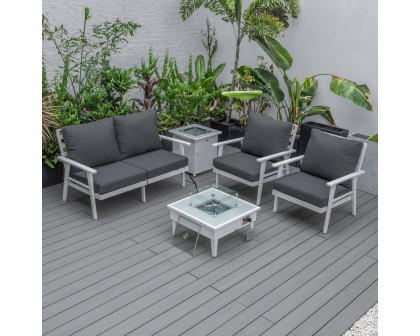 LeisureMod Walbrooke Modern White Patio Conversation With Square Fire Pit & Tank Holder - Charcoal