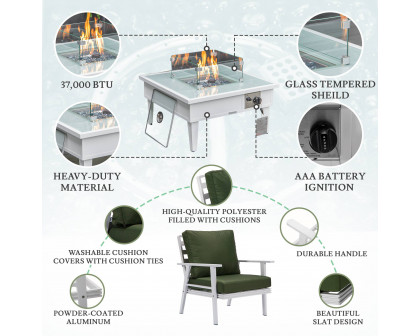 LeisureMod Walbrooke Modern White Patio Conversation With Square Fire Pit & Tank Holder - Green