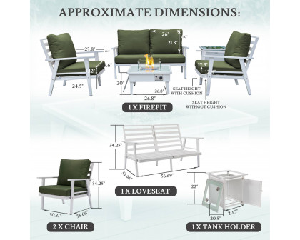 LeisureMod Walbrooke Modern White Patio Conversation With Square Fire Pit & Tank Holder - Green