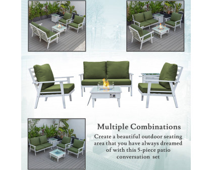 LeisureMod Walbrooke Modern White Patio Conversation With Square Fire Pit & Tank Holder - Green