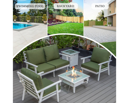 LeisureMod Walbrooke Modern White Patio Conversation With Square Fire Pit & Tank Holder - Green