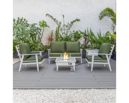 LeisureMod Walbrooke Modern White Patio Conversation With Square Fire Pit & Tank Holder - Green