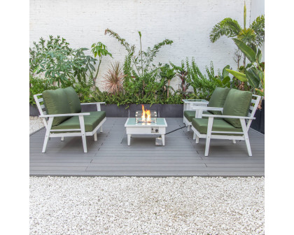 LeisureMod Walbrooke Modern White Patio Conversation With Square Fire Pit & Tank Holder - Green