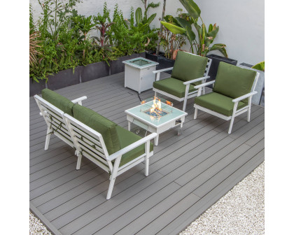 LeisureMod Walbrooke Modern White Patio Conversation With Square Fire Pit & Tank Holder - Green