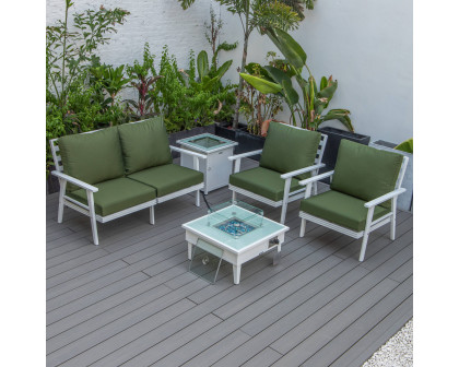 LeisureMod Walbrooke Modern White Patio Conversation With Square Fire Pit & Tank Holder - Green