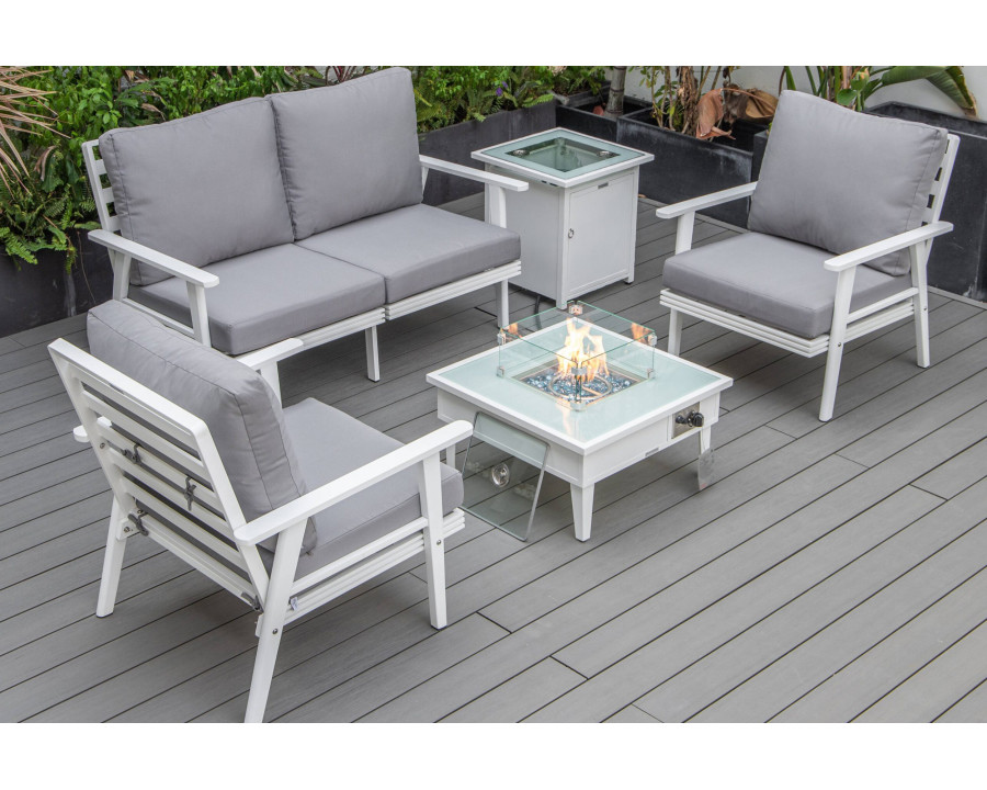 LeisureMod Walbrooke Modern White Patio Conversation With Square Fire Pit & Tank Holder - Gray