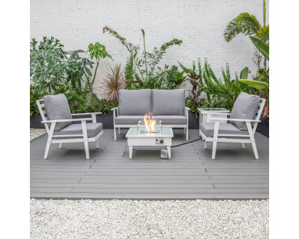 LeisureMod Walbrooke Modern White Patio Conversation With Square Fire Pit & Tank Holder - Gray