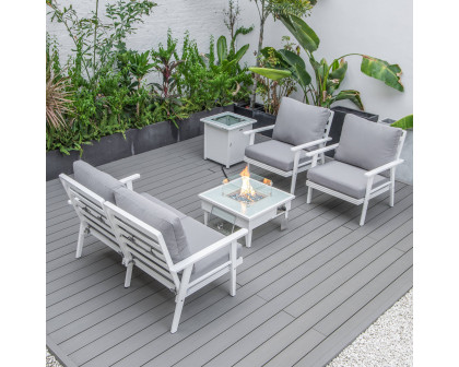 LeisureMod Walbrooke Modern White Patio Conversation With Square Fire Pit & Tank Holder - Gray