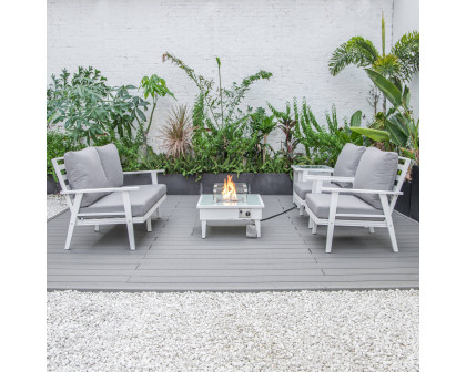 LeisureMod Walbrooke Modern White Patio Conversation With Square Fire Pit & Tank Holder - Gray