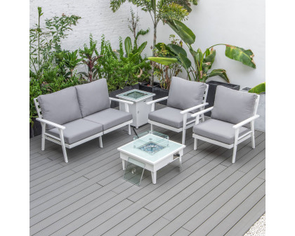 LeisureMod Walbrooke Modern White Patio Conversation With Square Fire Pit & Tank Holder - Gray