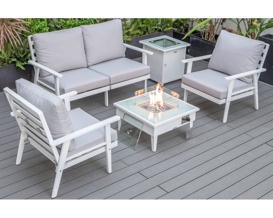 LeisureMod Walbrooke Modern White Patio Conversation With Square Fire Pit & Tank Holder - Light Gray