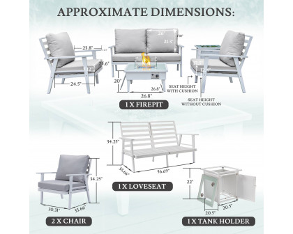 LeisureMod Walbrooke Modern White Patio Conversation With Square Fire Pit & Tank Holder - Light Gray