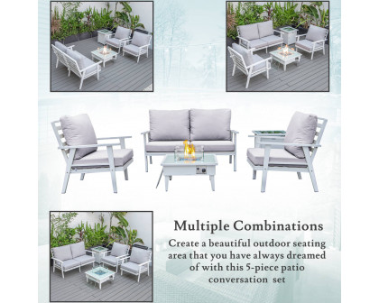 LeisureMod Walbrooke Modern White Patio Conversation With Square Fire Pit & Tank Holder - Light Gray