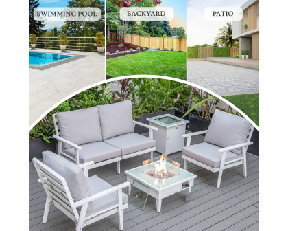 LeisureMod Walbrooke Modern White Patio Conversation With Square Fire Pit & Tank Holder - Light Gray