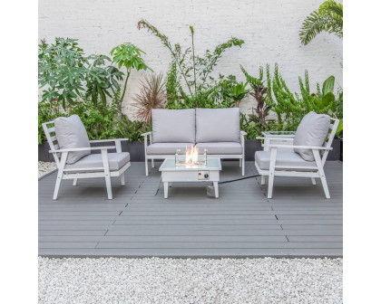 LeisureMod Walbrooke Modern White Patio Conversation With Square Fire Pit & Tank Holder - Light Gray