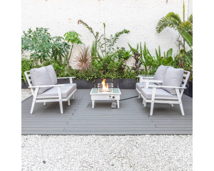 LeisureMod Walbrooke Modern White Patio Conversation With Square Fire Pit & Tank Holder - Light Gray