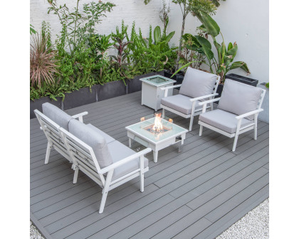 LeisureMod Walbrooke Modern White Patio Conversation With Square Fire Pit & Tank Holder - Light Gray